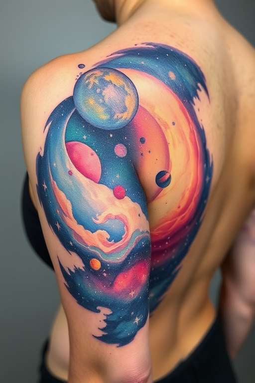 Cosmic watercolor tattoo called "Nebula Dreams" portraying a dreamy galaxy scene with swirling nebulae, twinkling stars, and distant planets, utilizing soft color blending techniques to create an ethereal, otherworldly effect, ideal for shoulder, back, or ribcage placement