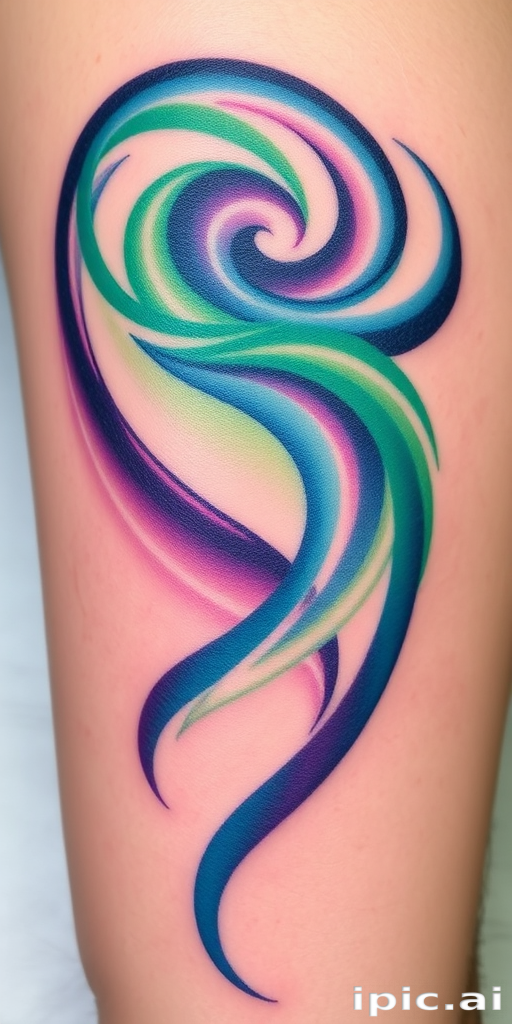 Ethereal "Northern Lights" tattoo captures the mesmerizing beauty of the aurora borealis. Swirling ribbons of green, blue, and purple dance across the skin, creating a sense of movement and wonder. Subtle gradients and color blending techniques mimic the shifting hues