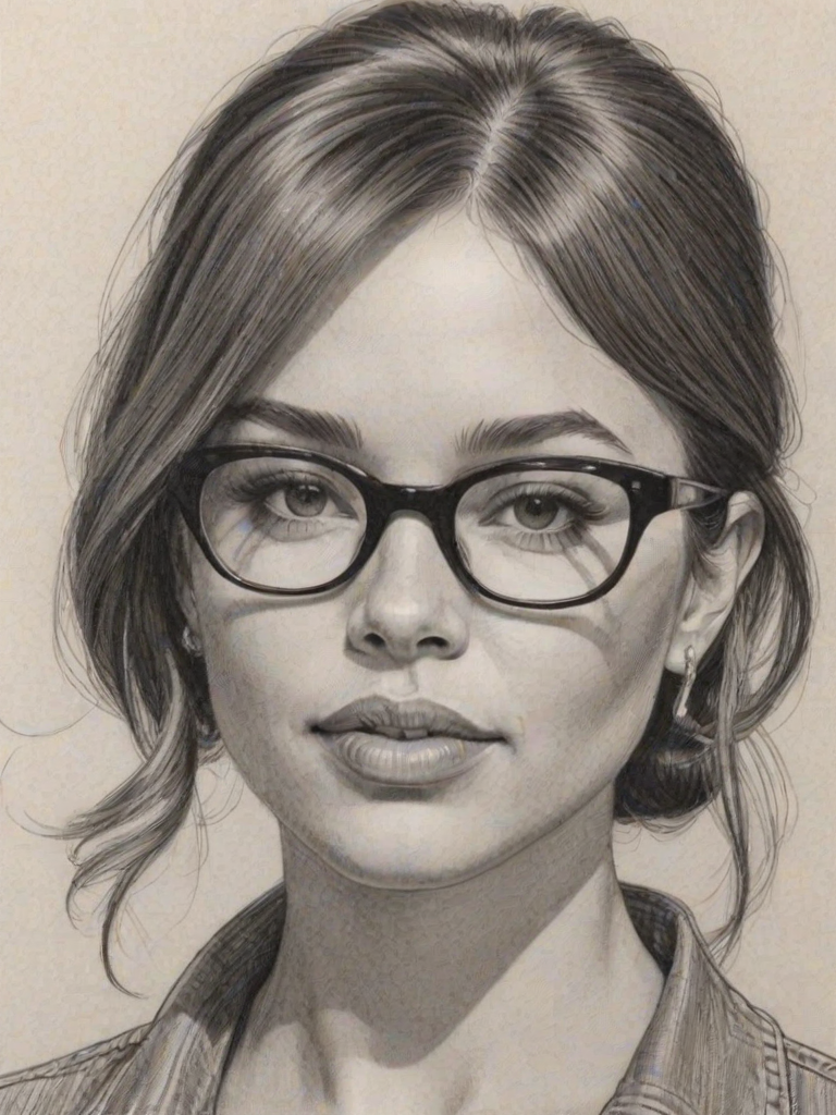 Sublime Jessica Parker Kennedy, pencil sketch, portrait of Comely woman 1964s in glasses, hair style beatnik, outline, clear lines, fine lines, 8k