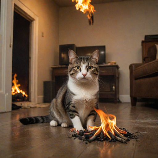 Photorealistic image of an innocent-looking cat sitting calmly in the middle of a burning room. Flames engulf the room, with fire licking up the walls and smoke filling the air. The cat is sitting on the floor, looking directly at the viewer with wide, innocent eyes. Above the cat, a speech bubble says "The dog did it!" The contrast between the cat's calm demeanor and the chaos around it creates a humorous and surreal scene.