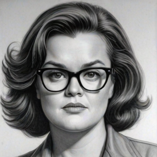 Pleasing Rosie O'Donnell, pencil sketch, portrait of Superb woman 1966s in glasses, hair style beatnik, outline, clear lines, fine lines, 8k