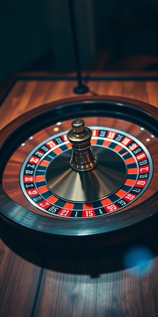 high-resolution image of a roulette wheel on a wooden table, with dramatic lighting and focus on the wheel, DSLR camera, f/2.8 aperture, ISO 100, 50mm lens, top-down view, shallow depth of field, lens flare effect