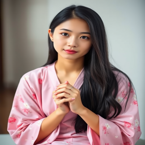 Generate a portrait of a young woman with long black hair and a serene expression, sitting gracefully with her hands clasped, wearing a pink floral garment, captured in soft natural light with a shallow depth of field using a DSLR camera at f/1.8, 85mm lens, ISO 100, and a slight vignette effect to enhance focus on the subject.