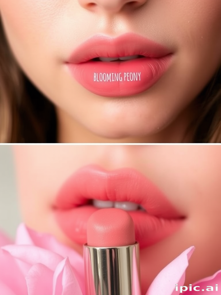 Soft pink ombré lips fading into peach, titled "Blooming Peony," feature a velvety texture and delicate pearl shimmer, perfect for romantic spring weddings and garden parties