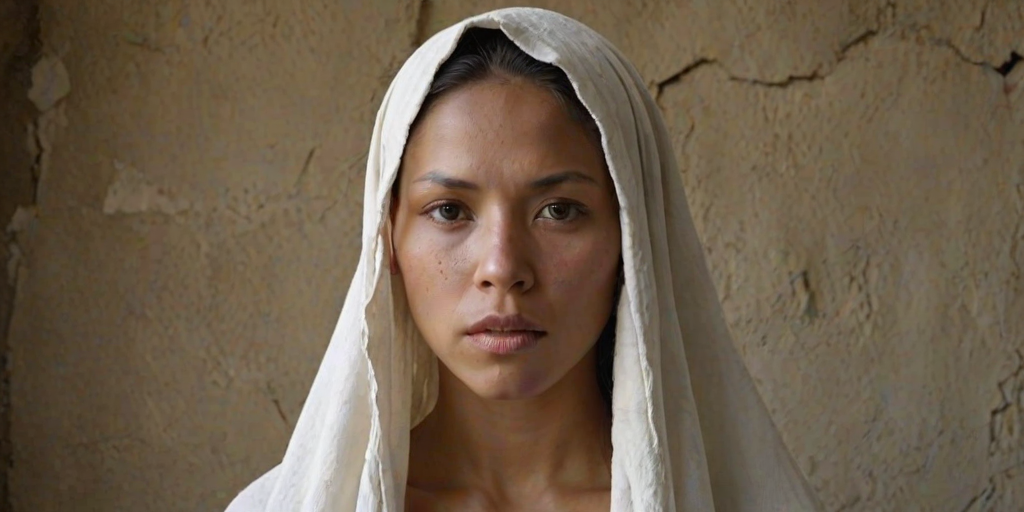 Create a close-up photographic image of a Native American woman with light skin tones shown against an old, worn wall. Their head is wrapped in a white cloth covering (i.e.... parts of the head except the nose and mouth, which are open as if they are screaming...), with a slight texture and visible folds in the fabric. Thin strands of blonde hair escape from the wrapping above, falling lightly at the top and sides. Their hands hold the fabric as if they are tugging nervously. The lighting is dramatic and even, casting strong shadows. The image has a minimalist and surreal style with an emphasis on simplicity with soft color tones. The composition is centered.