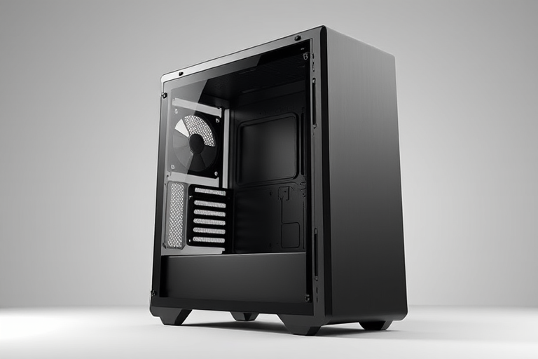 Generate a high-quality render of a computer case with a sleek design, using a Canon EOS R5 camera at f/8 aperture, ISO 100, 24mm focal length, from a slightly elevated angle to showcase depth and dimensions, in a studio setting with softbox lighting for even illumination.