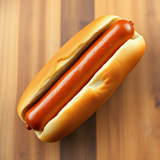 Create a high-resolution digital illustration of a classic hot dog with a shiny brown bun and a smooth sausage, using a DSLR camera with an aperture of f/2.8, ISO 100, and a focal length of 50mm, shot from a top-down view with a soft-focus background to enhance the subject.
