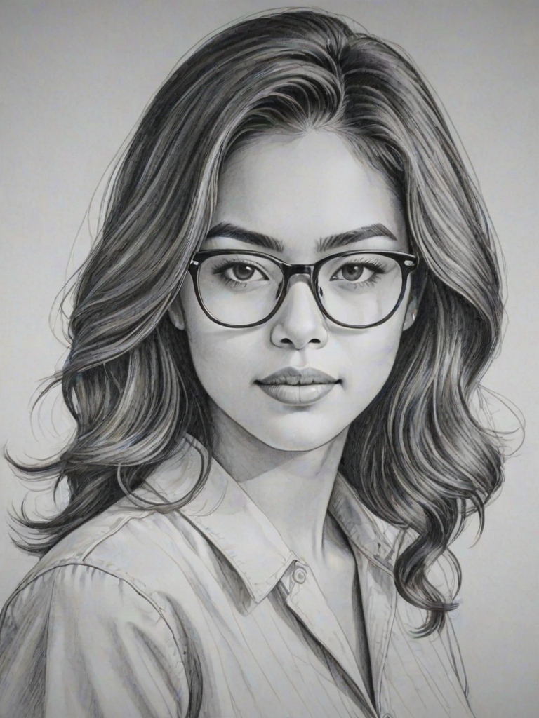 Graceful Ashley Argota, pencil sketch, portrait of Beauteous woman 1958s in glasses, hair style beatnik, outline, clear lines, fine lines, 8k