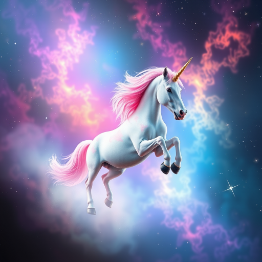 Regenerate an ethereal unicorn leaping through a cosmic nebula with a vibrant blend of colors, using a DSLR camera, 50mm lens, aperture f/1.8, ISO 200, and a slight soft focus effect to enhance the magical atmosphere.