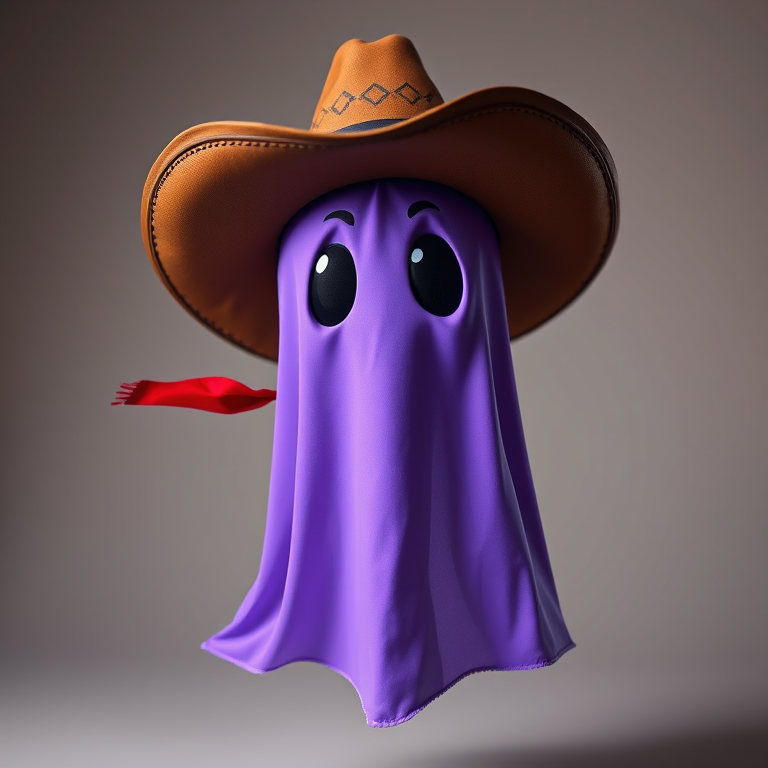 Create an image of a cartoonish purple ghost wearing a cowboy hat and red bandana, captured with a 50mm lens, f/1.8 aperture, in a studio setting with soft lighting.