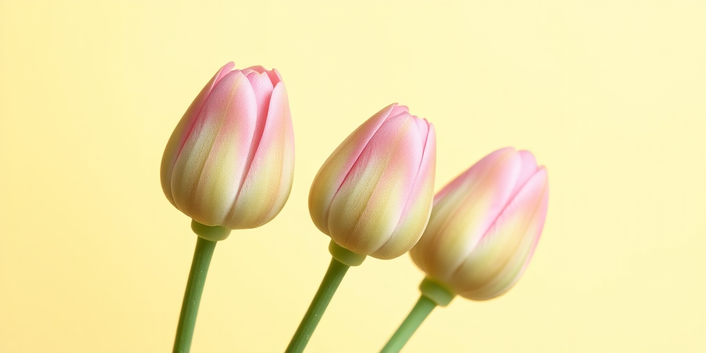 regenerate an image of three flower buds in soft pink and green colors against a pale yellow background, use a DSLR camera with a 50mm lens, aperture f/2.8, ISO 100, and soft lighting for enhanced clarity and depth.