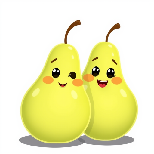 Create an illustration of two cartoon-style green pears, featuring a smooth texture and playful character, with a soft pastel background, using a Canon EOS 5D Mark IV, 50mm lens, f/2.8 aperture, in a bright, soft lighting style.