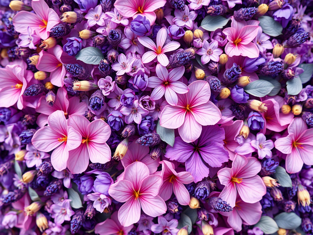 Create an ethereal floral pattern featuring a mix of purple and pink flowers and leaves, captured in soft focus with a shallow depth of field, using a DSLR camera with a 50mm lens at f/1.8, ISO 200, and a slow shutter speed of 1/60s, overhead view, in natural light to enhance colors and details.