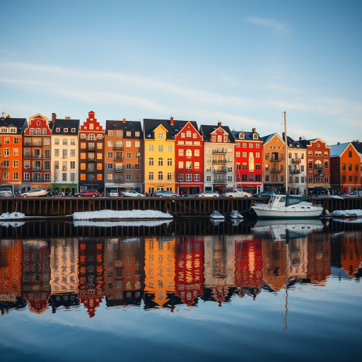 High-resolution image of a winter cityscape featuring colorful waterfront buildings reflecting in calm water, captured with a DSLR camera at f/8 aperture, 1/125 sec shutter speed, ISO 200, wide-angle lens, golden hour lighting to enhance colors and reflections.