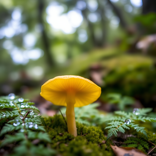 macro shot of a yellow mushroom in a lush green forest setting with soft focus background and dew on nearby ferns, f/2.8 aperture, ISO 100, 1/60 shutter speed, taken with a DSLR camera using a 100mm macro lens at eye level, natural lighting