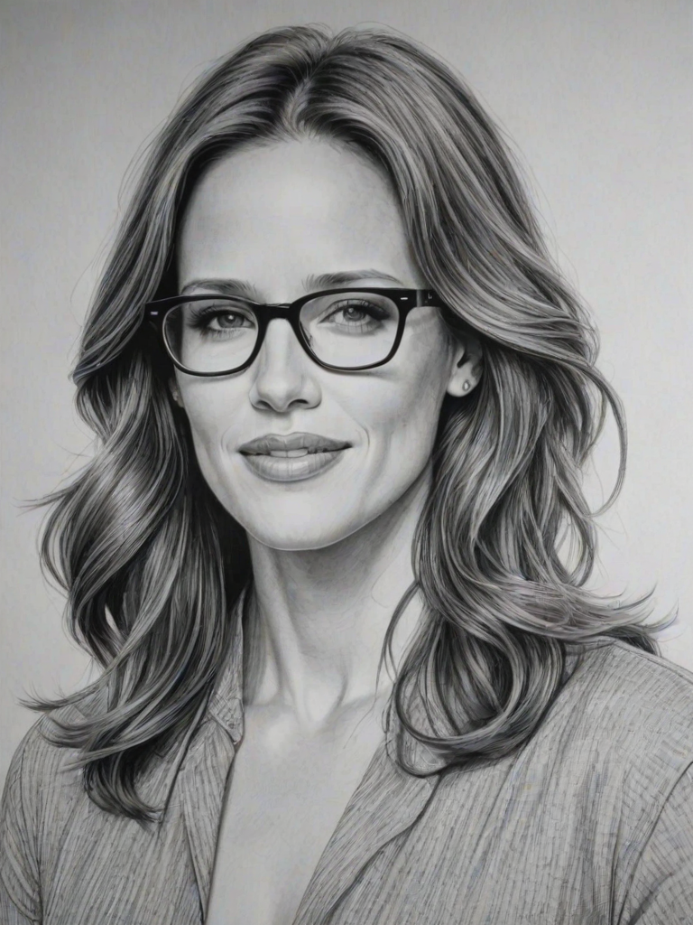 Resplendent Jennifer Garner, pencil sketch, portrait of Delightful woman 1961s in glasses, hair style beatnik, outline, clear lines, fine lines, 8k