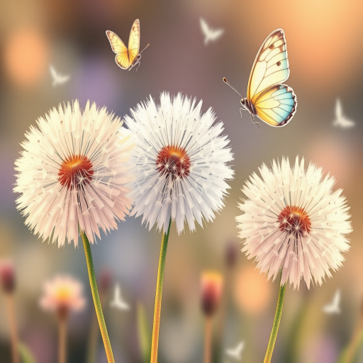 Create an illustration of three dandelion flowers in pastel colors, with delicate butterflies fluttering around, use a soft focus lens, capture from a low angle, use a digital drawing style, set resolution to 300 DPI for high quality.