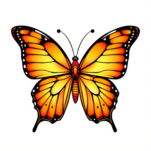 Create a vibrant illustration of a butterfly with orange and red gradient wings, featuring black outlines and intricate details. The butterfly should have prominent spots and an elegant pose, set against a light background for contrast.