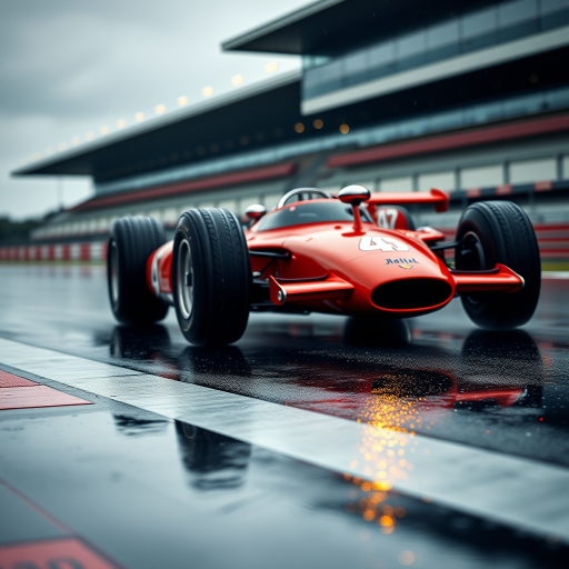 highly detailed shot of a classic red race car on a wet track with reflections, shallow depth of field, low-angle view, ISO 100, aperture f/2.8, shutter speed 1/250s, DSLR camera, 50mm lens, enhanced color saturation and contrast