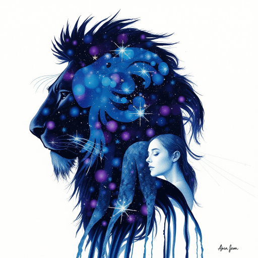 Captivating conceptual render alcohol ink art, double exposure, the paint strokes artfully merge combining a woman's full silhouette with a Jolly jellyfish's silhouette. The figures are composed of a series of colored dots, lines & spots that evoke the image of a cosmic galaxy, colors are deep shades of blue purple & black with flashes of white & silver representing distant stars. The woman's silhouette is formed within the lion's silhouette from constellations of scattered stars, surreal