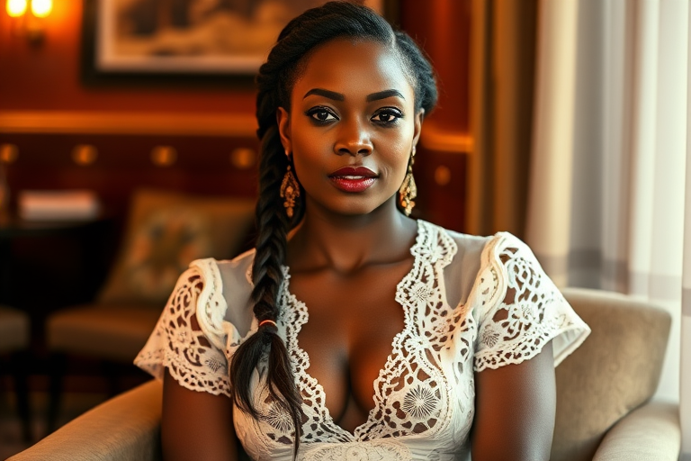Create a portrait of a refined and elegant Aboriginal Australian woman seated in a sophisticated setting. She has long, wavy hair styled in two thick braids that are pulled over her shoulders. She wears a white, lace gown with intricate patterns, featuring a deep V-neckline and short sleeves. The dress exudes a vintage charm with its delicate lacework. She is adorned with ornate, dangling earrings that add a touch of glamour to her appearance. The background is softly lit, with warm, ambient lighting that creates a cozy and inviting atmosphere. Her expression is poised and serene, capturing a sense of grace and elegance.