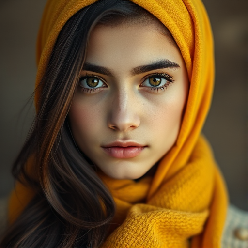 Create a portrait of a young Turkish male with long, dark hair and captivating hazel eyes. She is wearing a Yellow headscarf and a matching scarf draped gracefully around her neck. The background is softly blurred, focusing attention on her serene and natural expression. The overall color palette is muted and warm, enhancing the intimate and authentic feel of the portrait.