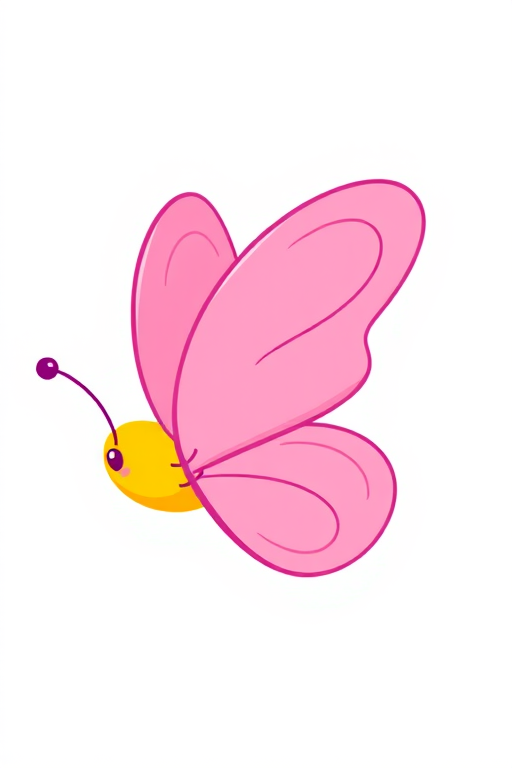 Generate a colorful and simple illustration of a butterfly with pink wings and a yellow body. The wings should have a smooth, cartoonish style with minimal details. The background should be plain to emphasize the butterfly.