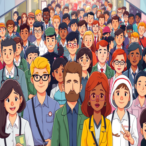 Create an illustration of a diverse crowd of cartoon characters representing different professions and genders, using a bright color palette, captured with a Canon EOS R, 35mm lens, f/4, ISO 200, shot from a high-angle view to convey a bustling atmosphere.