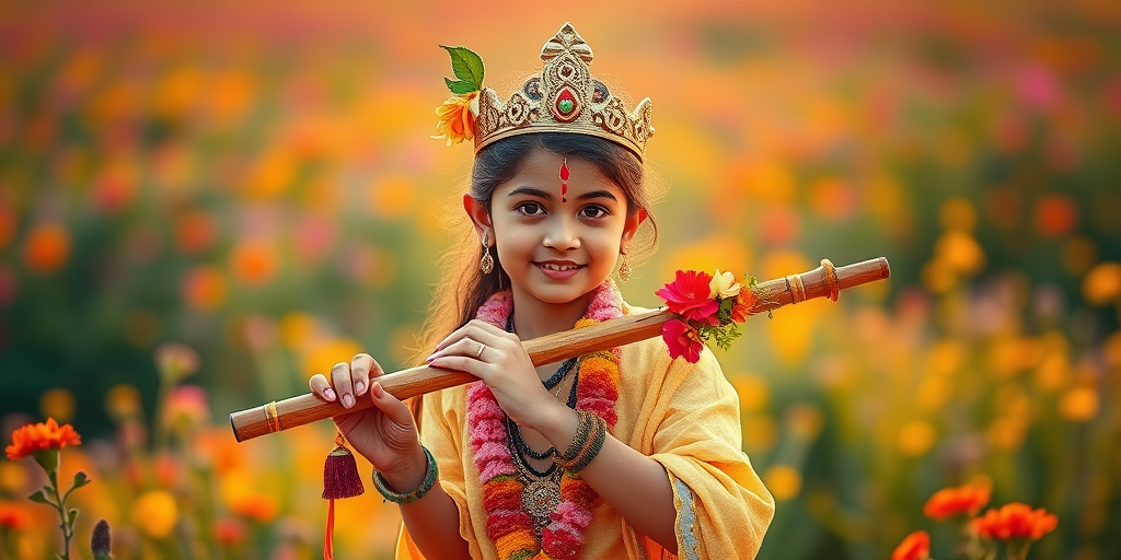 Create an image of a youthful deity holding a flute adorned with flowers in a vibrant landscape, use a Canon EOS 5D Mark IV, 50mm lens, f/1.8 aperture, ISO 100, soft natural lighting, vivid color profile, and a shallow depth of field for enhanced image quality.