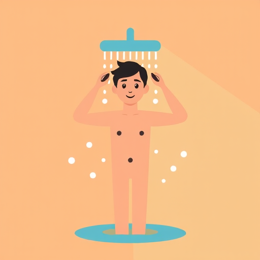 Create a high-contrast vector graphic of a simplified shower icon depicting a person enjoying a shower, captured with a Canon EOS R5 at f/8, ISO 100, 24mm lens, in flat design style for clarity and enhanced visibility.