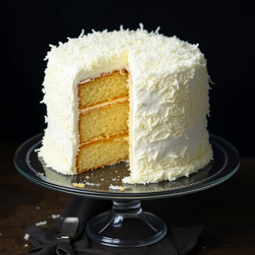A beautifully decorated coconut cake with a fluffy white frosting and shredded coconut on top, presented on a glass cake stand, with one slice removed to reveal the layers inside, against a dark background.