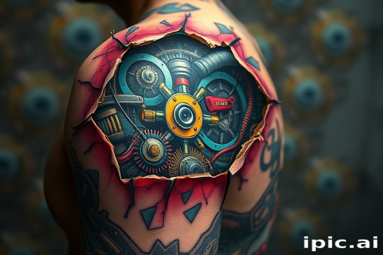 Vibrant biomechanical body tattoo revealing intricate mechanical parts beneath torn skin on the shoulder, blending hyperrealistic details with science fiction elements
