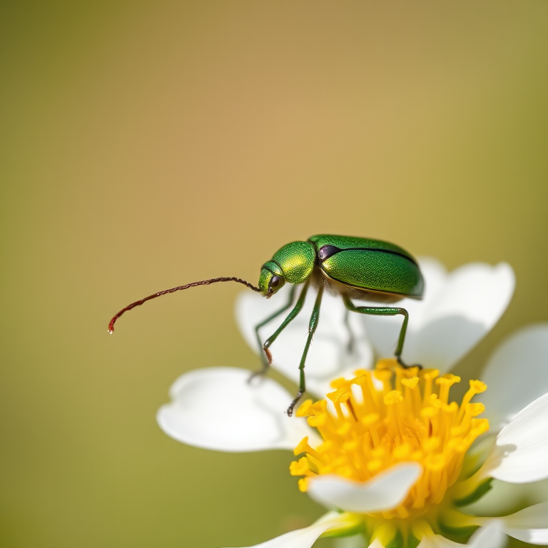 macro shot of a green beetle on a flower with a shallow depth of field, f/2.8, ISO 100, 1/250s, 100mm lens, natural light, focus on beetle, soft bokeh background