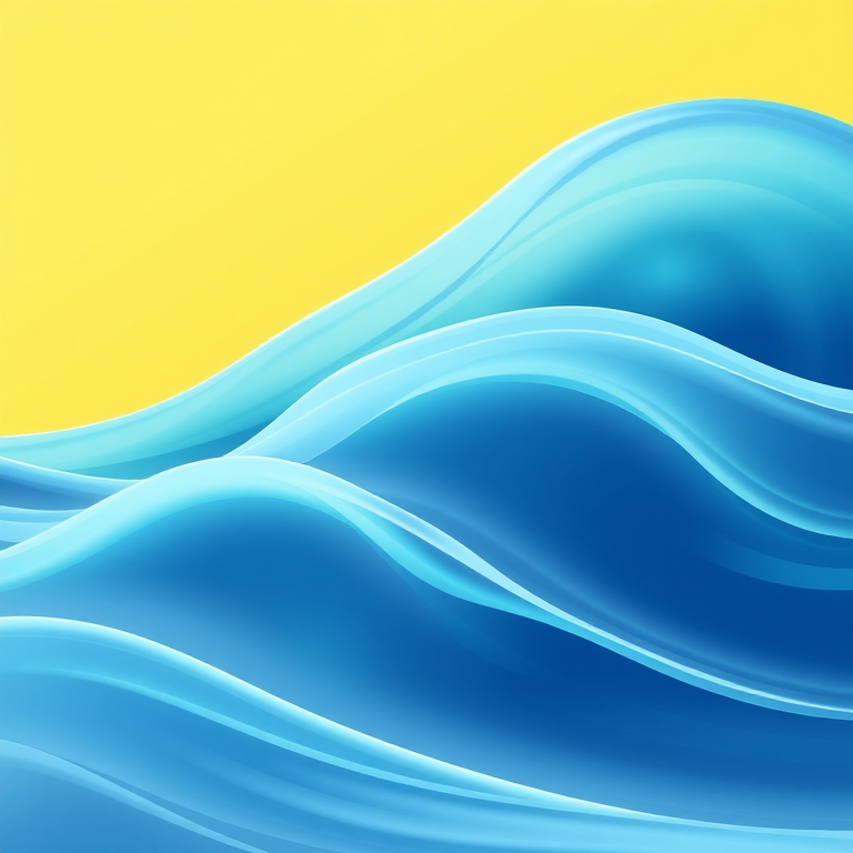 high-resolution digital illustration of smooth wavy ocean waves in varying shades of blue and teal against a bright yellow background, shot with a DSLR camera at f/8, ISO 200, 50mm lens, landscape orientation, vibrant color enhancement.