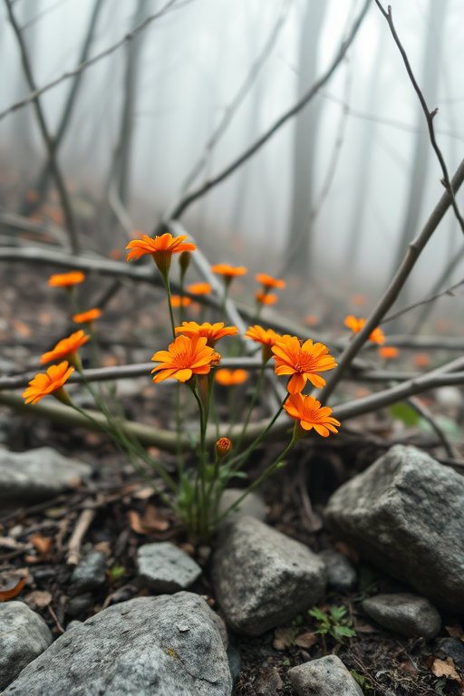 Regenerate an image of orange flowers amidst a misty forest with gray branches and stones, using a DSLR camera, 50mm lens, f/1.8 aperture, ISO 200, and a shallow depth of field for enhanced focus.