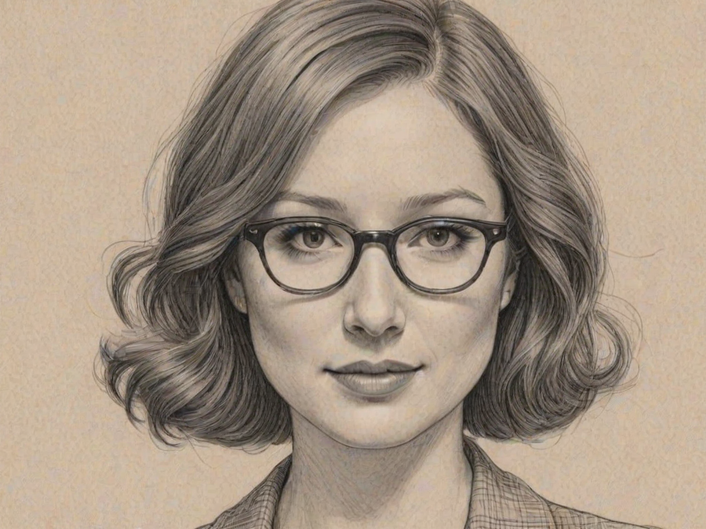 Superb Ellie Kemper, pencil sketch, portrait of Sublime woman 1932s in glasses, hair style beatnik, outline, clear lines, fine lines, 8k