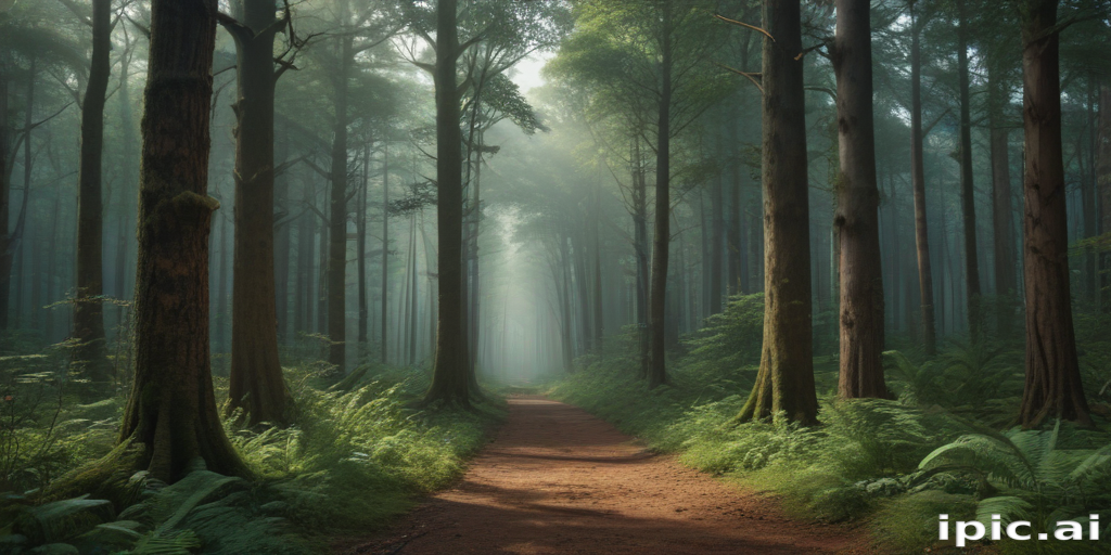 A Serene Pathway Through a Misty Forest Surrounded by Tall Trees