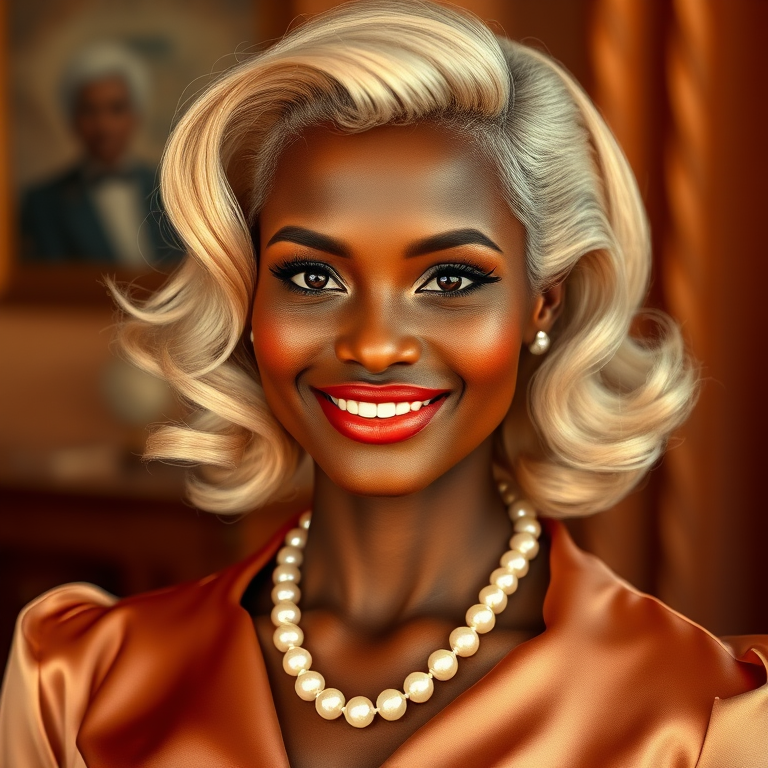 A beautiful Xhosa woman reminiscent of 1950s Hollywood glamour, with perfectly styled blonde hair and a seductive smile, dressed in a satin blouse and adorned with pearls, soft and warm tones, photorealistic, 8K