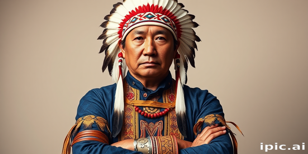 Create a dignified portrait of a Native American man dressed in traditional attire. He wears a beautifully crafted headdress adorned with white feathers and red beads, along with a beaded headband featuring intricate patterns. His clothing includes a deep blue, patterned shirt and a traditional chest piece with detailed beadwork. His arms are crossed, displaying leather armbands decorated with feathers. The background is simple and neutral, emphasizing his proud and stoic expression. The overall image captures the rich cultural heritage and strength of his persona.