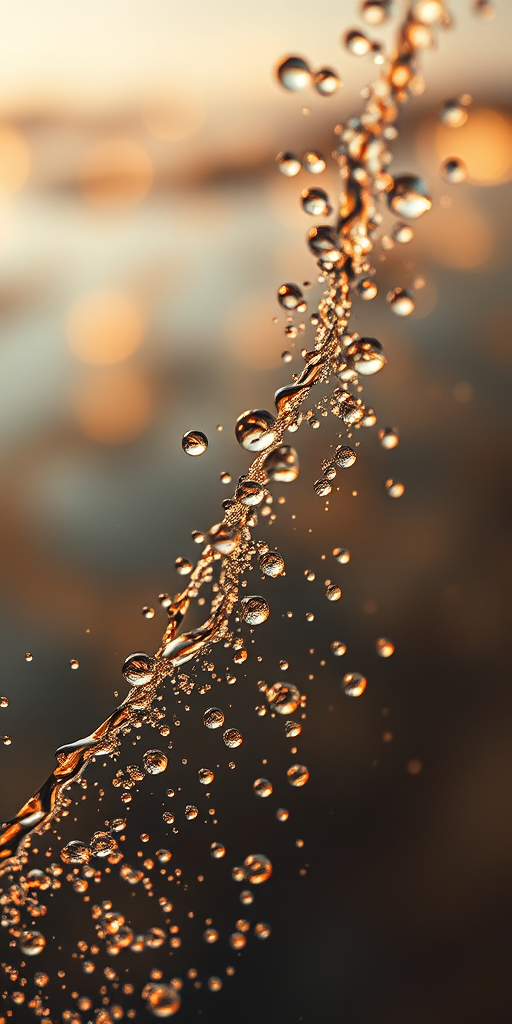 create an image of water with droplets splashing, showing a mixture of clear and golden hues, with a soft focus and bokeh effect on the background