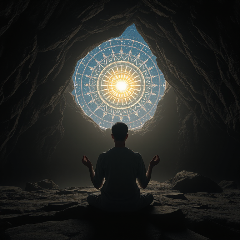 Create a high-resolution digital artwork of a serene figure meditating in a dark cave, illuminated by a radiant cosmic portal with starry patterns, use a Canon EOS R5 camera with a 24mm lens, f/1.8 aperture, ISO 100, and a soft focus effect to enhance the ethereal atmosphere.
