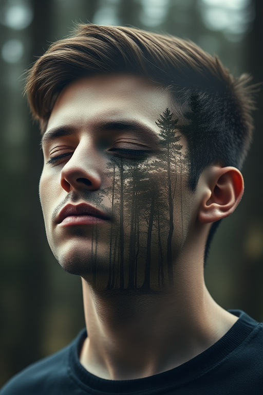 Create a double exposure portrait of a calm young man with closed eyes, featuring a dense forest within his silhouette, using a 50mm lens at f/1.8, ISO 100, shutter speed 1/200s, natural light, shot with a full-frame DSLR camera from a slightly low angle for depth and clarity.