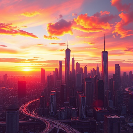 Create a high-resolution digital illustration of a futuristic city skyline at sunset with vibrant colors and dramatic lighting, captured using a DSLR camera, 35mm lens, f/2.8 aperture, ISO 200, and a wide-angle view for dynamic depth.