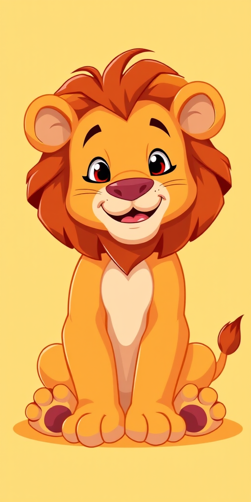 Cute cartoon lion character sitting with a playful expression, vibrant colors with a light yellow background, studio lighting, DSLR camera, 50mm lens, f/1.8 aperture, ISO 100, soft focus effect.