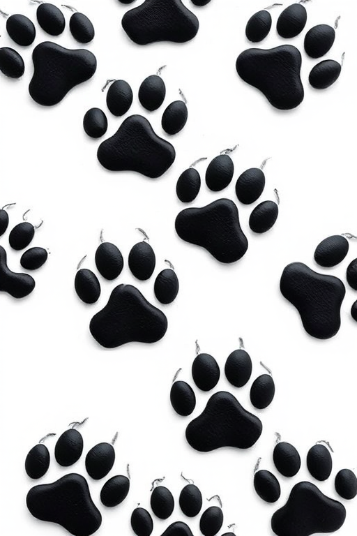 A series of black paw prints leading across a white background, captured with a DSLR camera at f/4, ISO 100, 1/250s, top-down view, high-resolution, with soft lighting for clarity and detail.