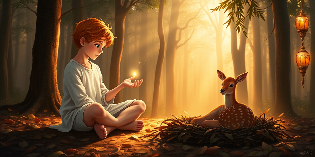 A luminous digital painting of a serene forest scene featuring a barefoot young male, about 7 years old, with orange hair and fair skin, dressed in a simple white outfit. He sits cross-legged on the forest floor, gazing at a small, glowing, magical firefly in his hand. Beside him, a delicate spotted deer lies calmly on a bed of dried leaves, observing the scene. The dense forest is bathed in warm, golden light filtering through the trees, creating a peaceful, magical atmosphere with a blend of natural and mystical elements.