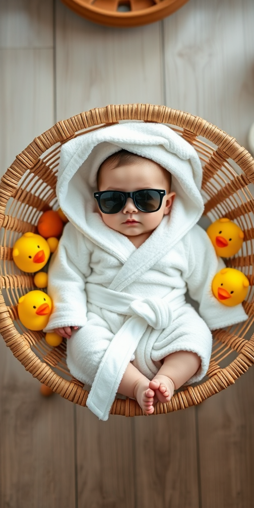 A cute baby in a cozy white robe, lying in a stylish woven chair with sunglasses, surrounded by rubber ducks and colorful fruit, shot with a DSLR camera at f/2.8, 50mm lens, natural lighting, top-down view for a soft focus background.