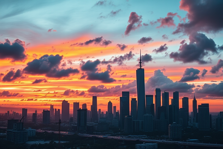 Create a high-resolution image of a futuristic city skyline at sunset, with vibrant colors and dramatic clouds, using a DSLR camera with a 50mm lens, f/1.8 aperture, ISO 100, and a 1/200 shutter speed, shot from a wide-angle view for depth and perspective.