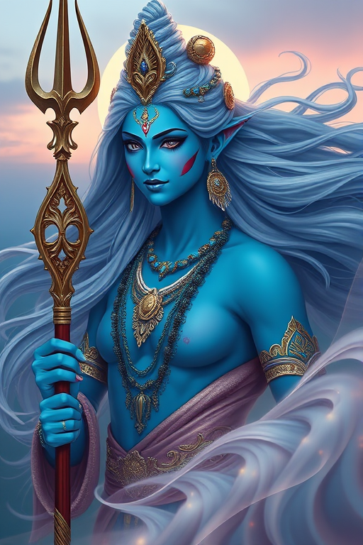 Regenerate an artwork of a blue-skinned deity with flowing hair and a trident, depicting an ethereal scene with a digital backdrop, captured with a Canon EOS R5, 50mm lens, f/1.8 aperture, ISO 100, at twilight for enhanced vibrancy and detail.