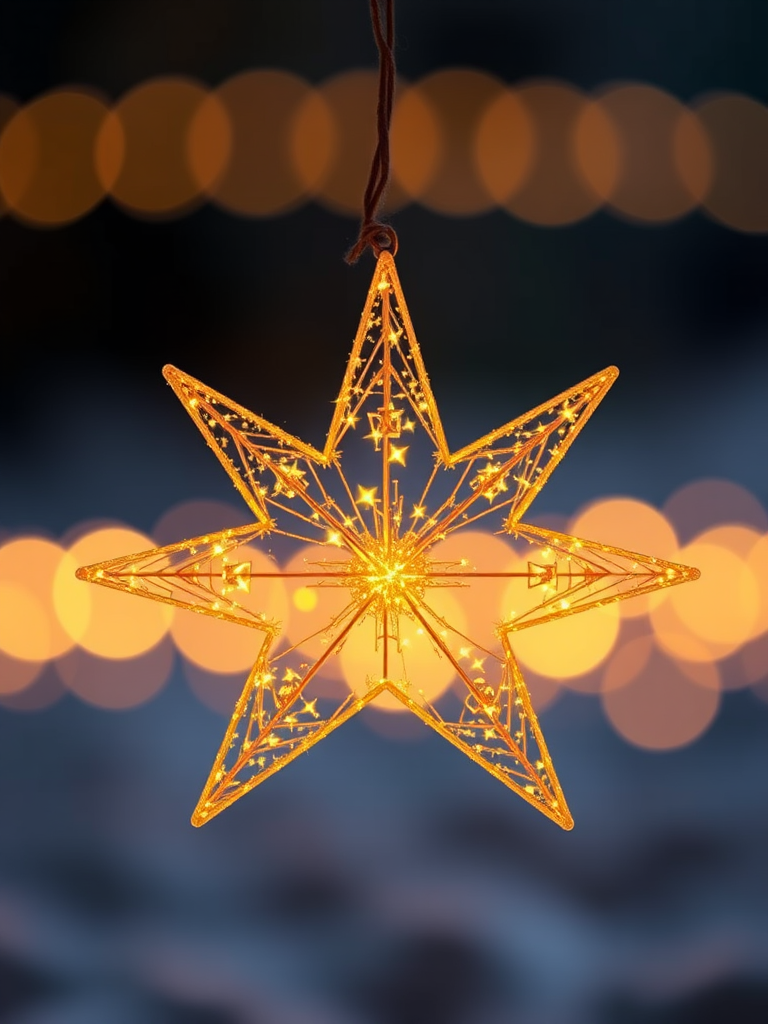 Create a high-resolution image of a sparkling gold star, using a DSLR camera with a 50mm lens at f/2.8, ISO 100, and a shallow depth of field, capturing the star against a blurred background for enhanced focus.